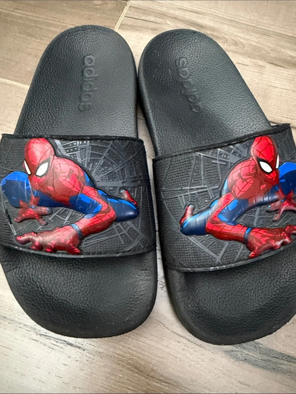 adidas Kids Black Slides with Red & Blue Spider-Man Graphic